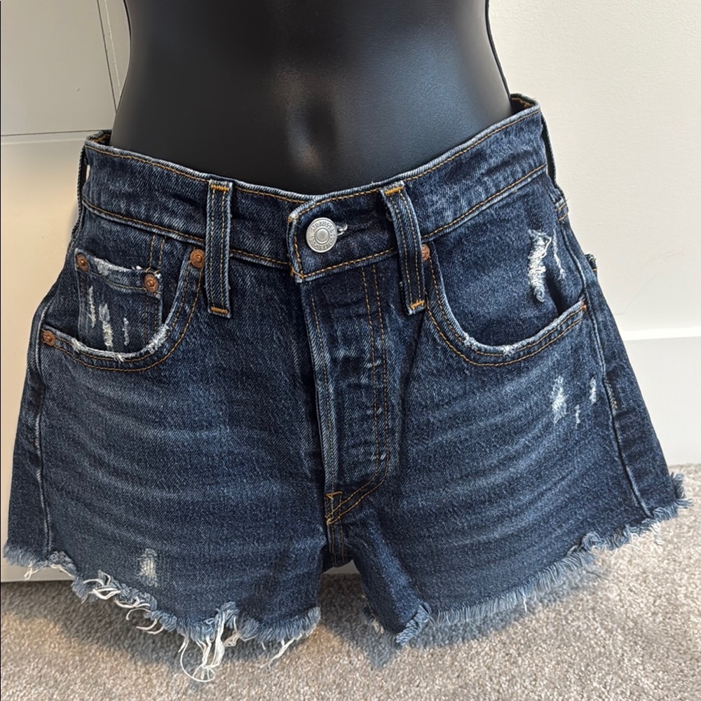 Levis Blue Jean Shorts with Distressed Hem